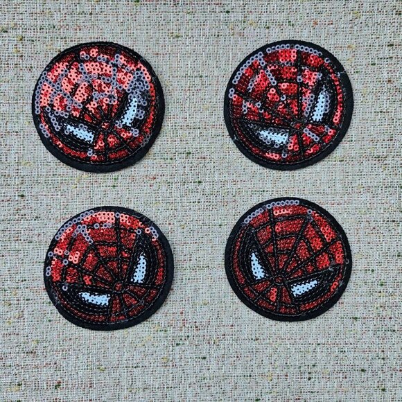 Lot of 4 Patches Red Sequins Sewing On Patches Red/Black Spider Web Round Patch - Picture 1 of 10